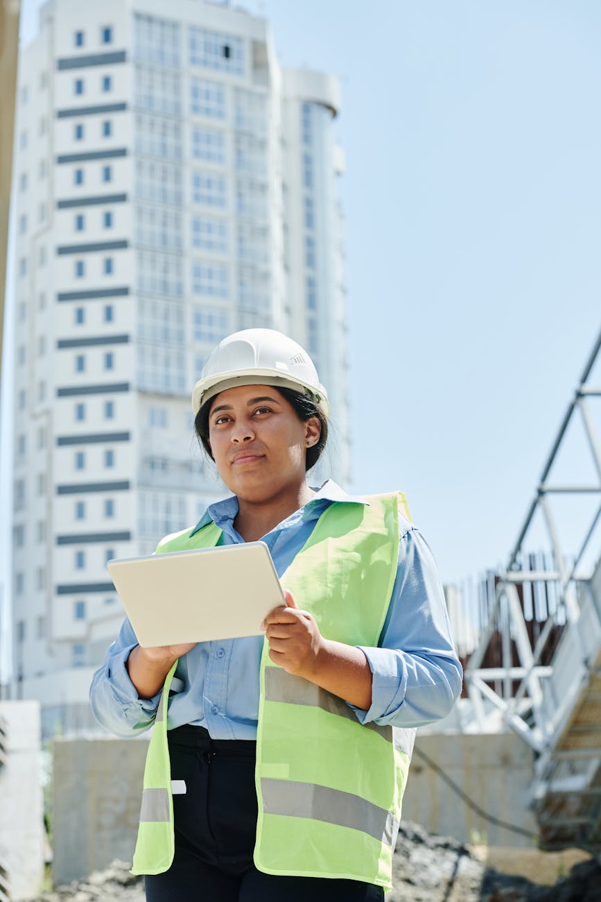 Construction manager with blueprints and tablet at active building site